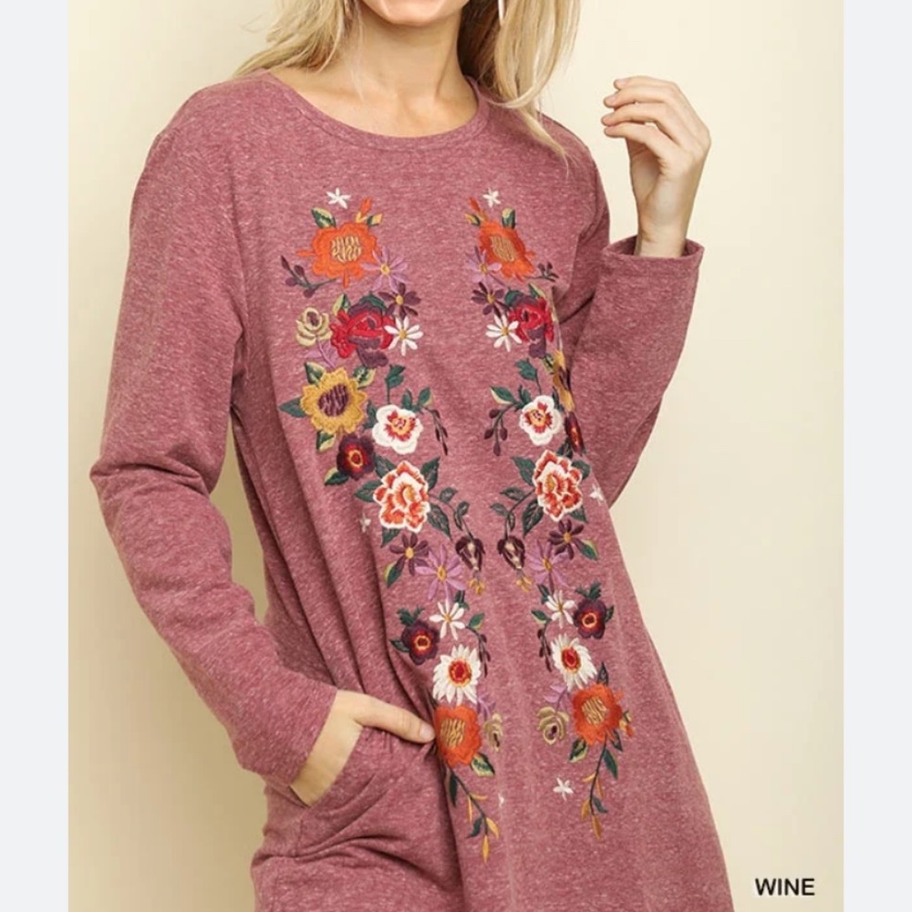 Umgee Heathered Mauve Floral Embroidered Mini Dress